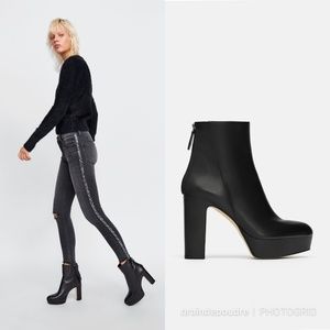 Zara Black Leather Platform Ankle Boots 38 7.5